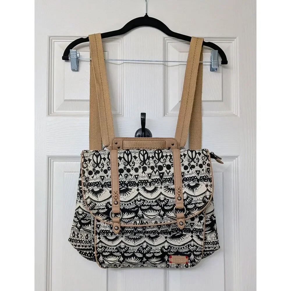 Sakroots Black & Tan Convertible Messenger Crossbody Hippie Peace Bohemian Bag